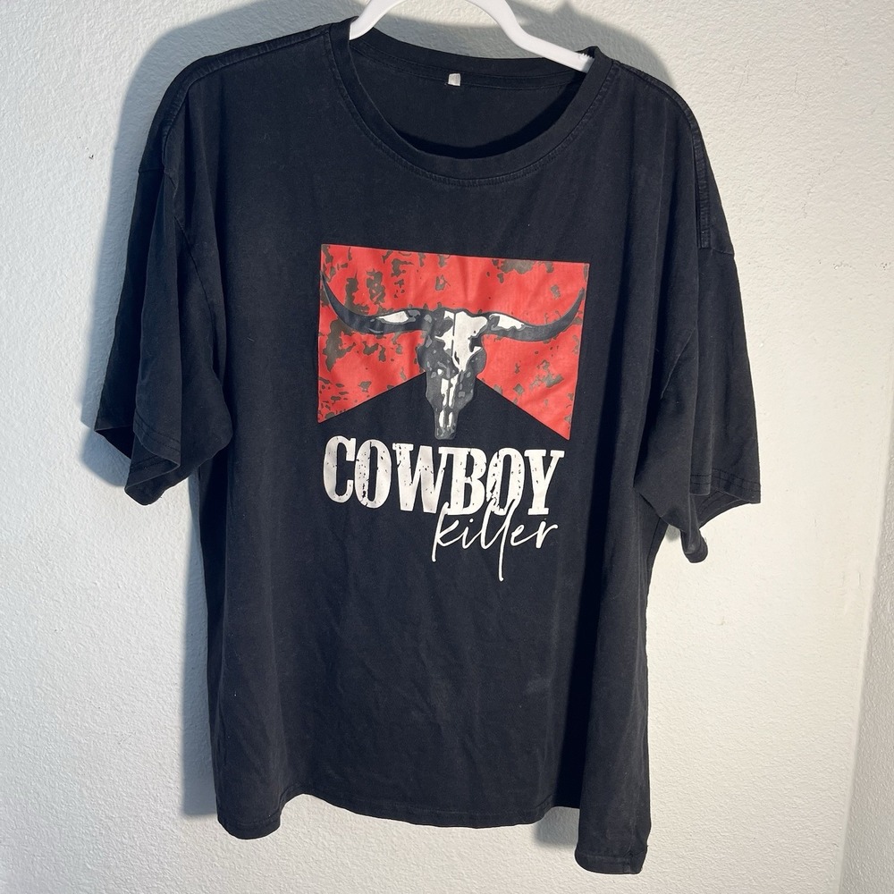 Cowboy Killer Graphic T-Shirt Black Western Bull Skull Short Sleeve Large XL